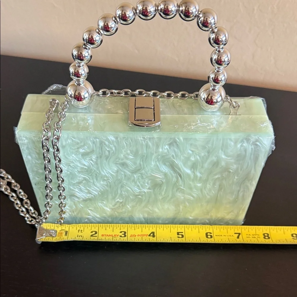 ASOS DESIGN marble resin clutch/ crossbody silver tone beaded handle Mint NEW